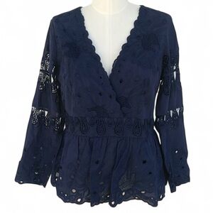 Sail To Sable Dark Blue V-neck  Eyelet Blouse NWT Size M